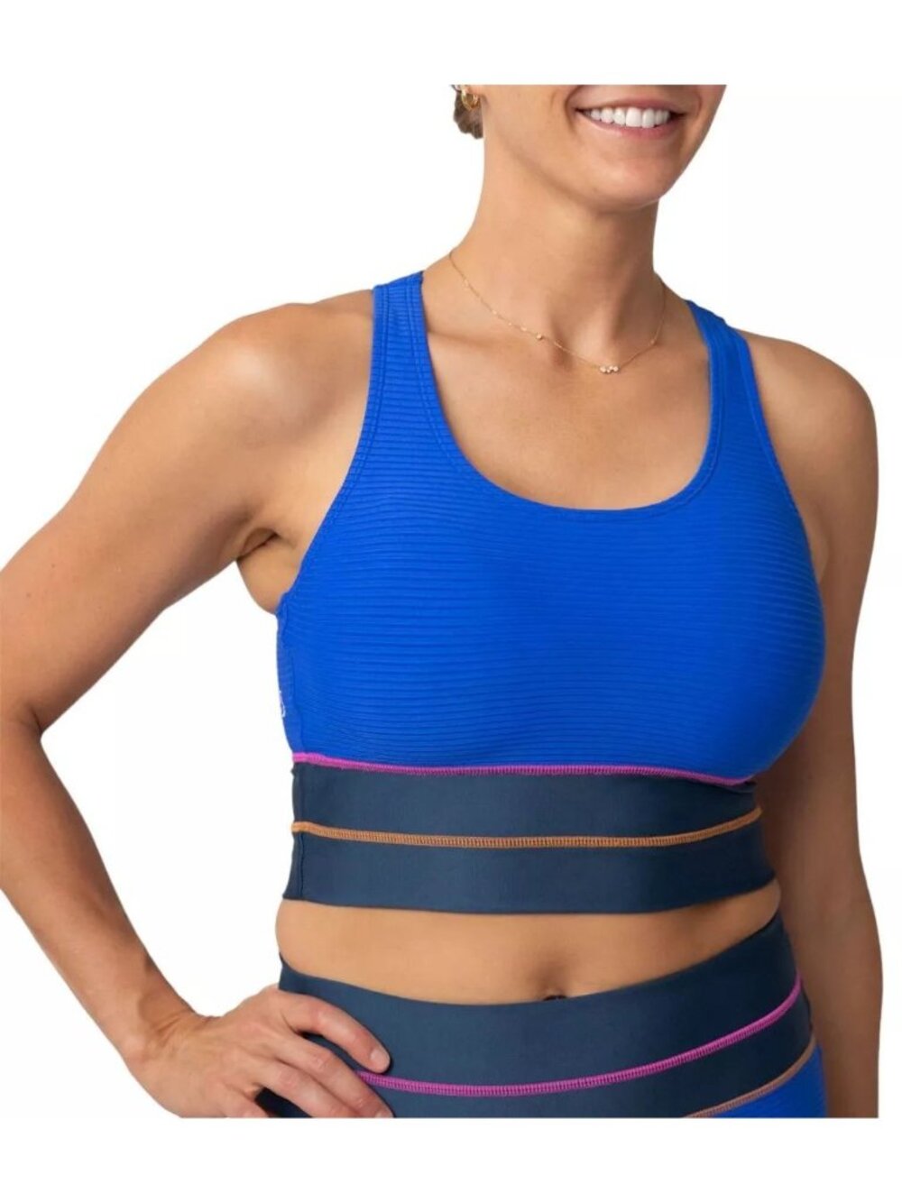 Blue Ribbed Racerback Swim Bikini Top with Contrast Stripes